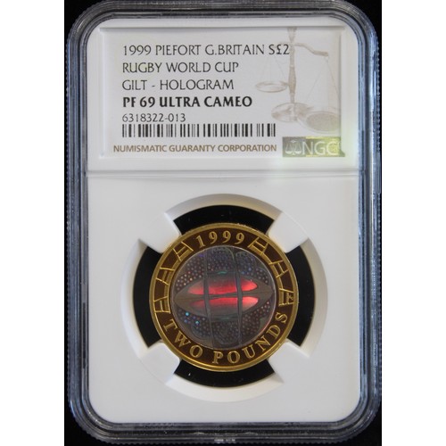 2142 - 1999 Silver proof piedfort £2 with holographic finish struck for the Rugby World Cup. Graded NGC PF6... 