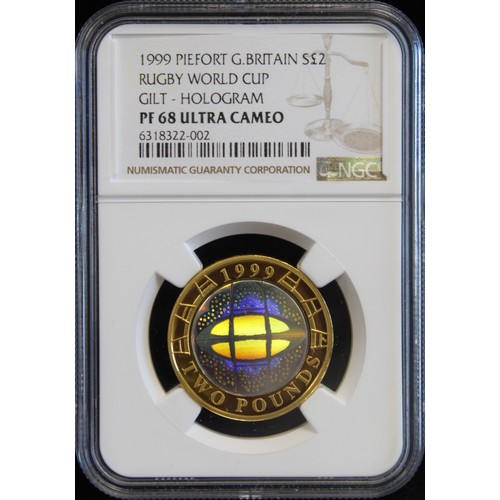 2143 - 1999 Silver proof piedfort £2 with holographic finish. Graded NGC PF68 Ultra Cameo and complete with... 