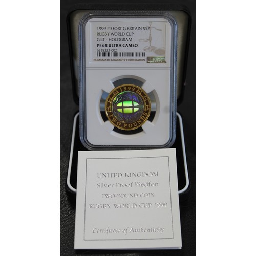 2143 - 1999 Silver proof piedfort £2 with holographic finish. Graded NGC PF68 Ultra Cameo and complete with... 