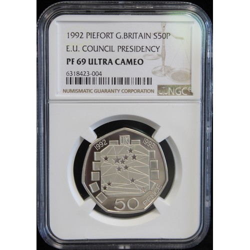 2112 - 1992-1993 Dual Date silver proof piedfort 50p. Graded NGC PF69 Ultra Cameo commemorating the UK's pr... 