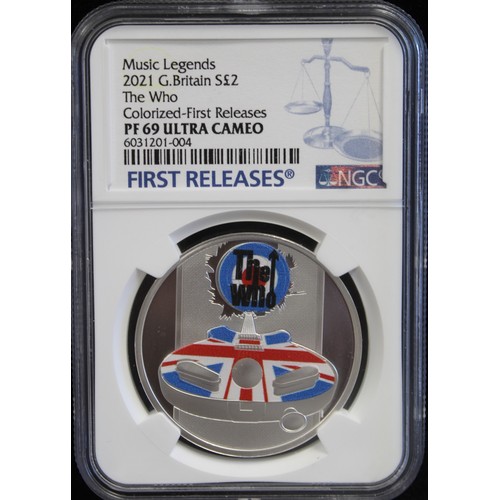 2177 - 2020 & 2021 Music Legends series 1oz silver £2 coins all with colour finish and all graded... 