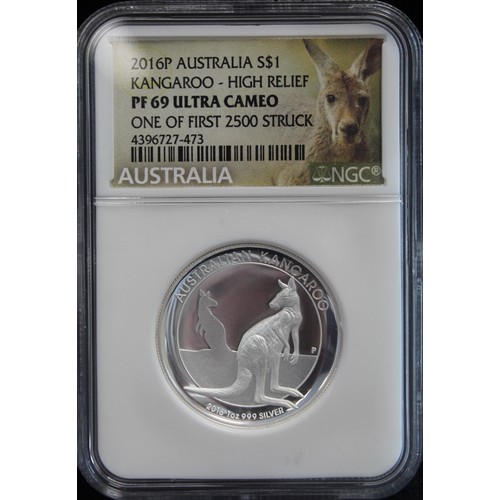 2223 - Australia 2016 silver proof $1 kangaroo with high relief strike on concave flan. Graded NGC PF69 Ult... 