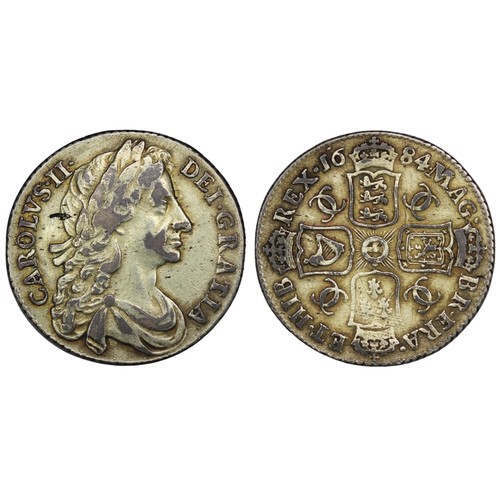 1187 - 1684 Shilling, Charles II. M/M in MAG, once gilded and wear to high points much more noticeable as a... 