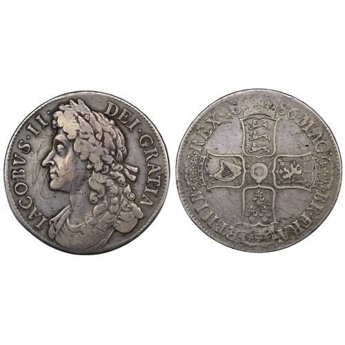 1152 - 1686 Crown, James II. Edge SECVNDO, legends with stops. Adjustment marks above date. Once cleaned an... 