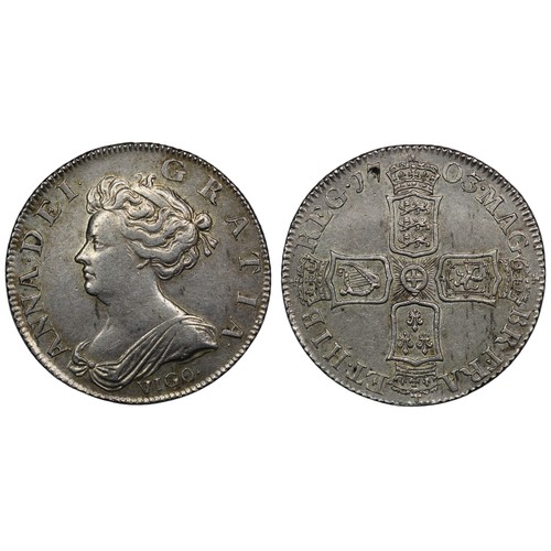 1191 - 1703 Shilling, Queen Anne. VIGO below second bust, 6 strings in harp on reverse with spot at 17 in d... 