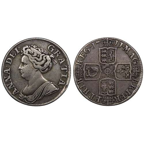 1192 - 1711 Shilling, Queen Anne. Fourth bust, plain below. Reverse angles plain with 6 strings in harp. So... 