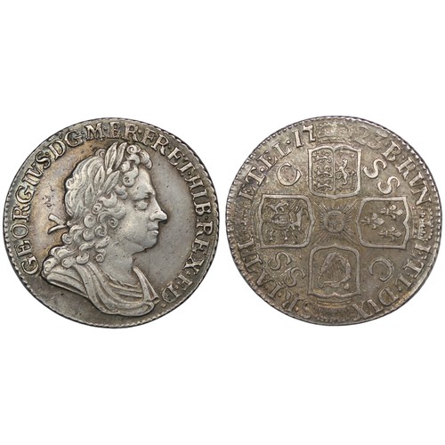 1193 - 1723 Shilling, George I. SSC in reverse angles, first bust to obverse. 7 string in harp, 6 hearts in... 