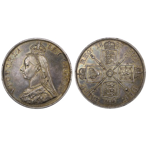 1164 - 1887 Double Florin, Victoria. Arabic 1 in date. Rainbow toned with gold in the devices and blues/pur... 