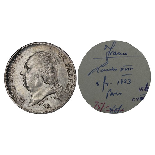 1265 - France, 1823 5 Francs, Louis XVIII. mm A, Paris. Soft toning with an area of darkness through the le... 