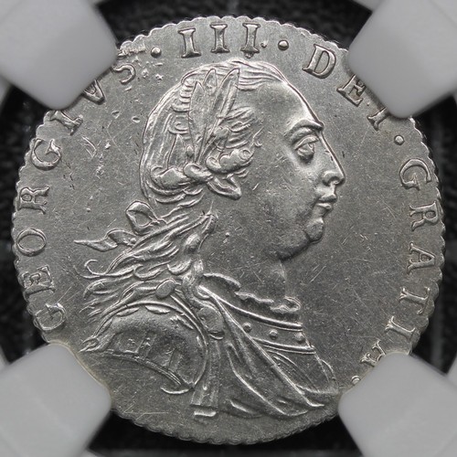 2071 - 1787 Sixpence, George III. Semée of hearts in Hanoverian Arms. Housed in an NGC holder with a non nu... 