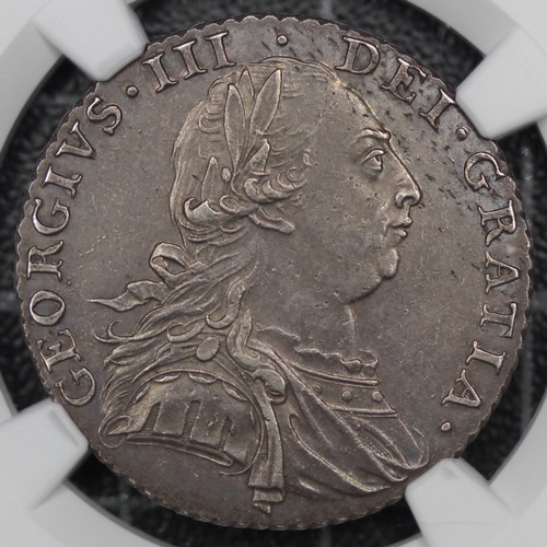 2068 - 1787 Shilling, George III. No semée of hearts in Hanoverian shield, 7 strings in harp. Housed in an ... 