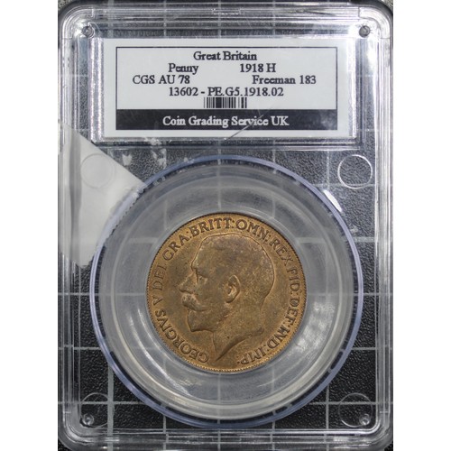 2087 - 1918H Penny, George V. Heaton mint example graded CGS78 with very weak obverse strike. Much original... 