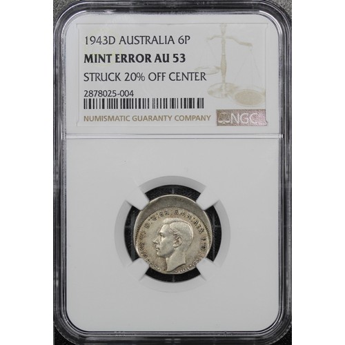 2200 - Australia, 1943D Sixpence, George VI. Minted at the Denver mint in the USA this lovey mint error has... 