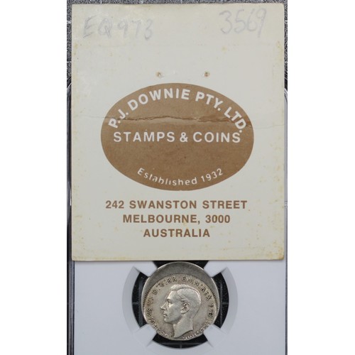 2200 - Australia, 1943D Sixpence, George VI. Minted at the Denver mint in the USA this lovey mint error has... 