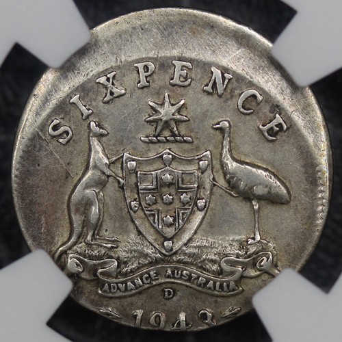 2200 - Australia, 1943D Sixpence, George VI. Minted at the Denver mint in the USA this lovey mint error has... 