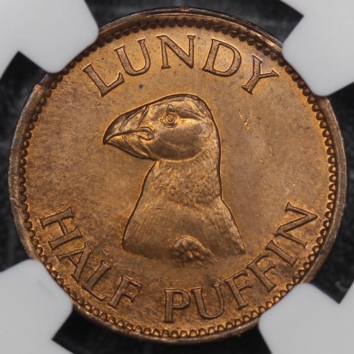 2211 - Lundy, 1929 Half Puffin. Housed in an NGC holder with a non numeric result of UNC details, environme... 