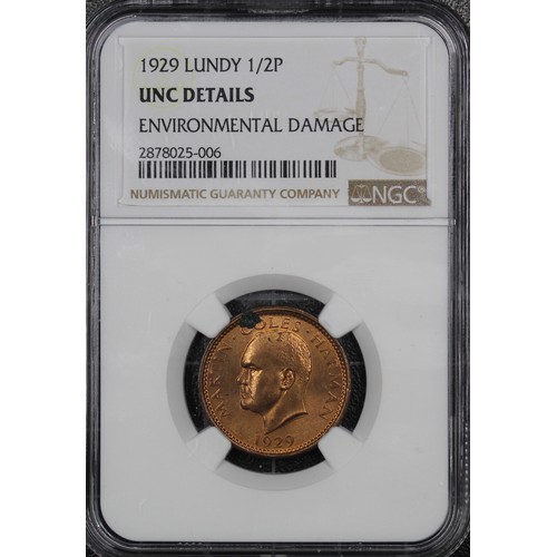 2211 - Lundy, 1929 Half Puffin. Housed in an NGC holder with a non numeric result of UNC details, environme... 