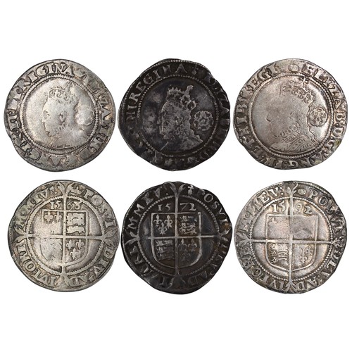 1066 - Elizabeth I (1558-1603) trio of sixpence, 1568 (coronet), 1572 (ermine) and 1592 (tun). Mixed grades... 