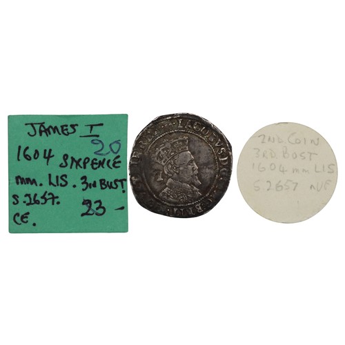 1083 - James I (1603-1625) sixpence, mm. lis, 1604. Second coinage, third bust with beard cut square. Scrat... 