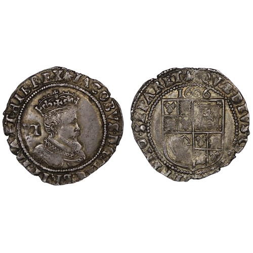 1084 - James I (1603-1625) sixpence, mm. escallop, 1606. Second coinage, third bust with beard cut square. ... 