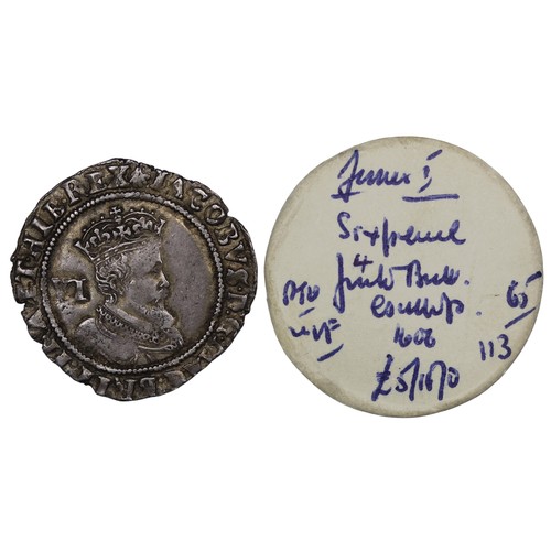 1084 - James I (1603-1625) sixpence, mm. escallop, 1606. Second coinage, third bust with beard cut square. ... 