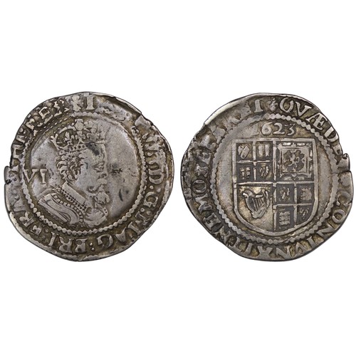 1085 - James I (1603-1625) sixpence, mm. lis, 1623. Third coinage, sixth bust. gFine with old dealer ticket... 