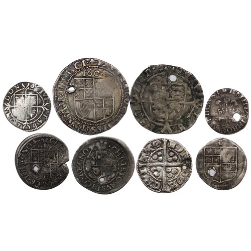 1125 - An assortment of hammered coins (8) all pierced. Includes Charles I Aberystwyth halfgroat and threep... 