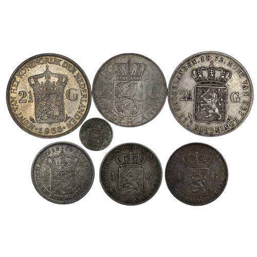 1281 - Coins of The Netherlands (7) comprising 2½ gulden (1872, 1938, 1966), 1 gulden (1847, 1892, 1... 