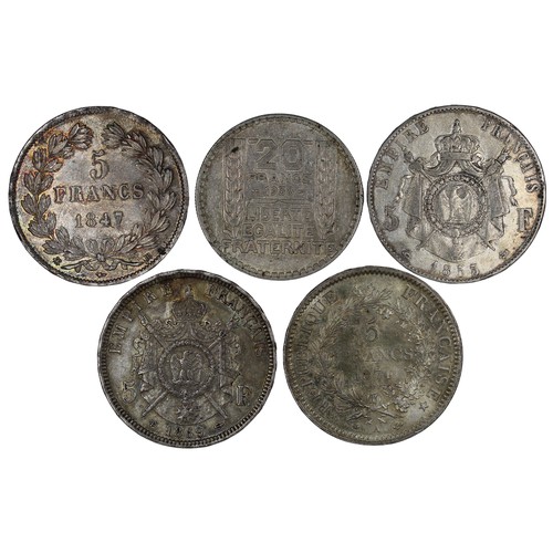 1267 - Coins of France (5) comprising 1847 5 Francs, 1855 5 Francs, 1869 5 Francs, 1874 5 Francs & 1938... 