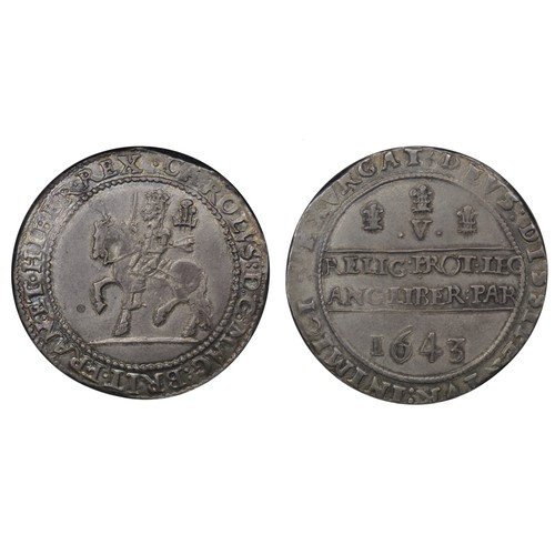 1087 - Charles I (1625-1649) 1643 Crown, Oxford mint. Obv. Shrewsbury die with plain ground beneath King on... 