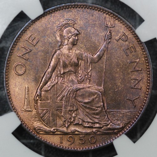 2090 - 1950 Penny, George VI. Key-date issue with a mintage of approx. 240,000 coins. Graded NGC MS64RB wit... 