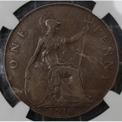 2089 - 1918KN Penny, George V. King's Norton Mint. Graded NGC VF30BN with light milk-chocolate tone. Fine.&... 