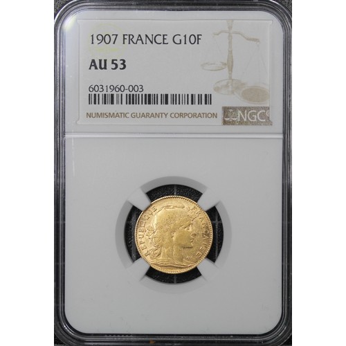 2032 - France, 1907 10 Francs. Graded NGC AU53, gVF. [KM#846]