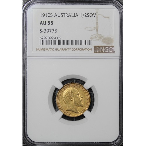 2021 - Australia 1910-S half sovereign, Edward VII. Graded NGC AU55, gVF. [Marsh 525, S.3977B]