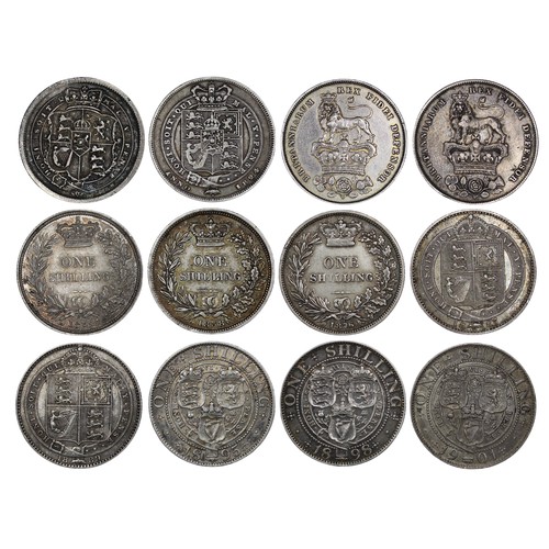 1200 - Shillings (12) comprising 1817, 1824, 1825, 1826, 1834, 1838, 1876 (Die #27), 1887, 1889, 1895, 1898... 