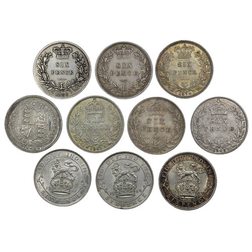 1213 - Sixpence (10) comprising 1856, 1874 (Die #41), 1883, 1887 withdrawn type, 1887 wreath reverse, 1901,... 