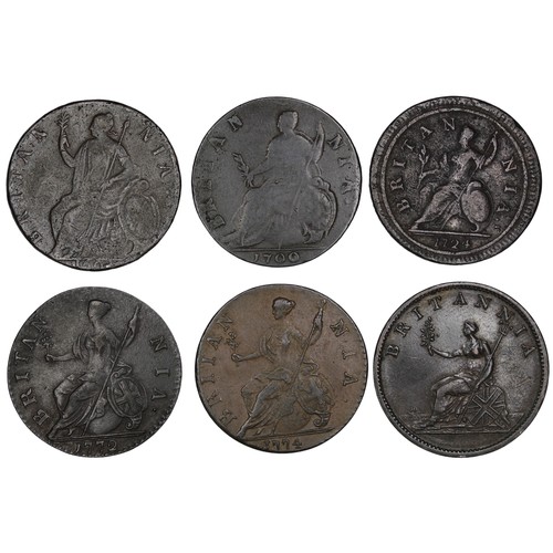 1227 - Half pennies (6) comprising 1694, 1700, 1724, 1772, 1774 & 1807. Mixed grades, nFine to gVF, the... 