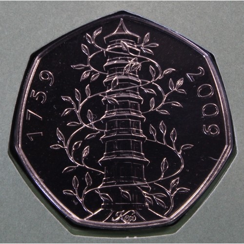 2121 - BUNC 2009 Kew Gardens 50p in official 250th Anniversary PNC/FDC. Choice as issued.