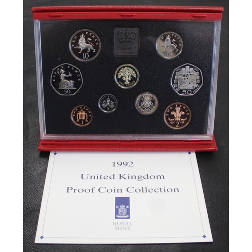 2163 - 1992 Proof year set including dual date EEC 50p. In deluxe red leather case with COA. All coins as s... 