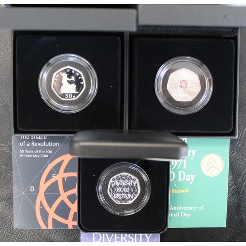 2130 - A selection of silver proof 50p coins (3) comprising 2019 50 years of the 50p with privy mark in exe... 