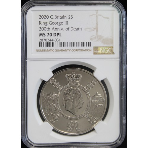 2158 - 2020 BUNC £5 commemorating the 200th Anniversary of the Death of George III. Graded NGC MS70DP... 