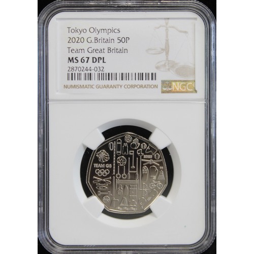 2125 - 2020 BUNC 50p celebrating the delayed Olympic games in Japan. Graded NGC MS67 DPL (deep proof-like).... 