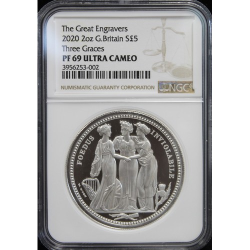 2186 - 2020 Three Graces 2oz Silver £5 coin, part of the Great Engravers series. Graded NGC PF69 Ultra Came... 