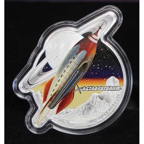 2232 - Solomon Islands 2021 $2 1oz Silver proof-like colour issue, Retrofuturism rocket shaped coin, the ob... 