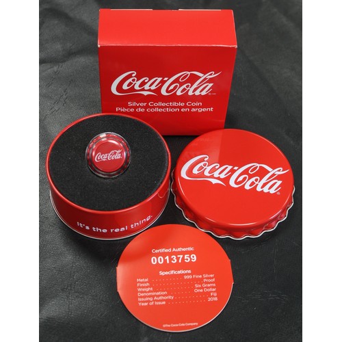 2226 - Fiji 2018 silver proof $1 in the shape of a Coca-Cola bottle cap and presented in official tin with ... 