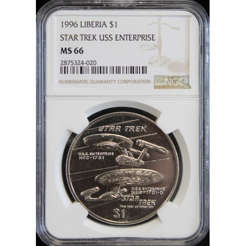 2210 - Liberia 1996 $1 featuring Star Trek and the USS Enterprise. Graded NGC MS66, uncirculated. Accompany... 