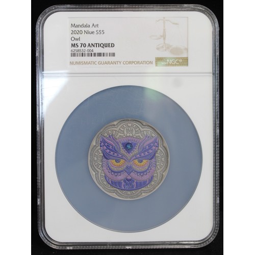 2230 - NIUE 2020 $5 2oz Silver colour issue, Mandala Collection, Owl. Antiqued at the mint and set with blu... 