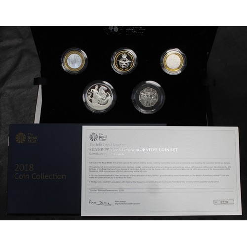 2175 - 2018 Silver Proof 5-coin Commemorative set comprising Frankenstein, RAF badge & Armistice £2 coi... 