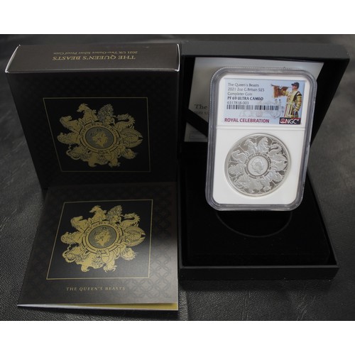 2181 - 2021 2oz silver proof Queen's Beasts Completer. NGC Graded PF69 Ultra Cameo with Royal Celebration l... 