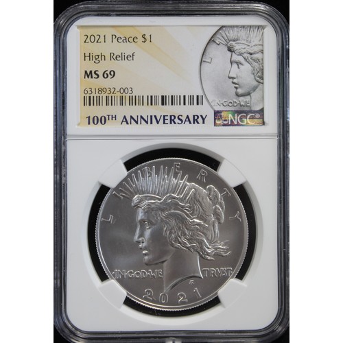 2221 - USA 2021 Peace dollar, high relief, Philadelphia Mint. Struck to celebrate the 100th Anniversary of ... 